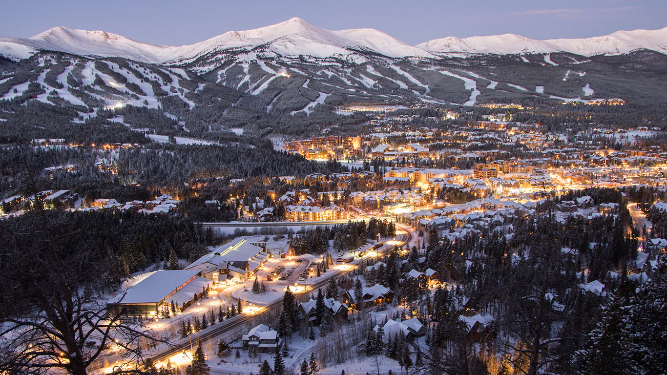 Breckenridge town lights at dusk below snow-covered ski slopes